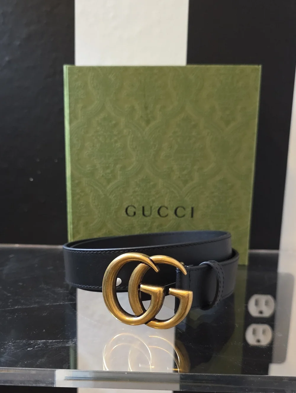 Gucci Womens Black Leather Belt with Gold Double G Buckle